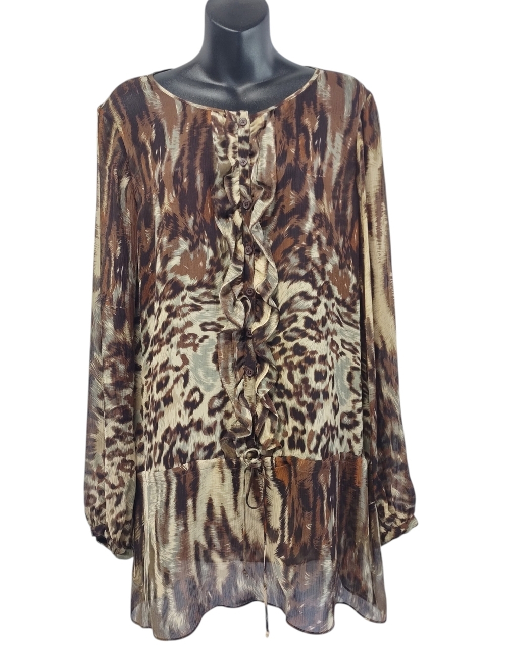CAbi Style 806 100% Silk Leopard Animal Print Ruffle Button Front Tunic Top XL